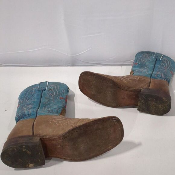 Tony Lama Vintage Tan/Teal Cowboy Boots with Cross - Size 7.5 - Picture 5 of 6